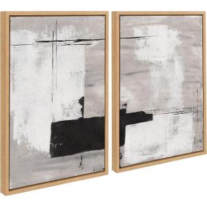 image:imageKate and Laurel Sylvie Line 1 Left and Right Neutral Linen Framed Canvas Wall Art Set by Nikita Jariwala 2 Piece Set 18x24 Black Modern Abstract Monochromatic Geometric Art for WallNatural
