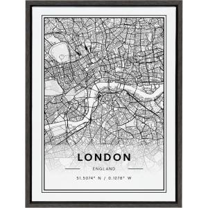 image:imageKate and Laurel Sylvie London Modern Map Framed Canvas Wall Art by Jake Goossen 18x24 Gray Decorative Map of London for Wall
