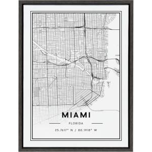 image:imageKate and Laurel Sylvie Miami Modern Map Framed Canvas Wall Art by Jake Goossen 18x24 Gray Decorative Map Art for Wall