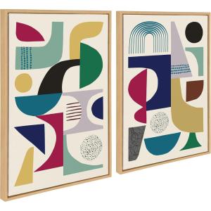 image:imageKate and Laurel Sylvie Mid Century Modern Pattern 01 and 04 Framed Canvas Wall Art Set by Rachel Lee of My Dream Wall 2 Piece 23x33 Natural Vibrant Colorful Modern Abstract Wall Art