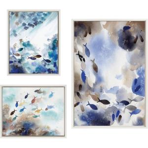 image:imageKate and Laurel Sylvie Obstacles Adventure and Nourish Framed Canvas Wall Art Set by Janet MeinkeLau 3 Piece Set White Soft Abstract Watercolor Fish Art