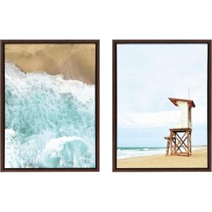 image:imageKate and Laurel Sylvie Ocean Beach Waves from Above and Wood Lifeguard Tower on the Beach Framed Canvas Wall Art Set by The Creative Bunch Studio 2 Piece 18x24 Walnut Brown Chic Coastal Art for Wall