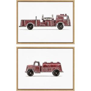 image:imageKate and Laurel Sylvie Red Vintage Toy Fire Engine and Red Vintage Toy Water Truck Framed Canvas Wall Art Set by Saint and Sailor Studios 2 Piece 18x24 Natural Retro Kid Vehicle Art for Wall