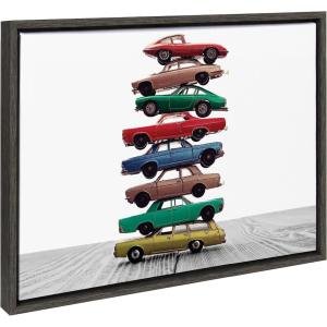 image:imageKate and Laurel Sylvie Stacked Cars Framed Canvas Wall Art by Saint and Sailor Studios 18x24 Natural Modern Colorful Car Toys Art for WallGray