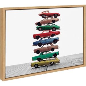image:imageKate and Laurel Sylvie Stacked Cars Framed Canvas Wall Art by Saint and Sailor Studios 18x24 Natural Modern Colorful Car Toys Art for WallNatural