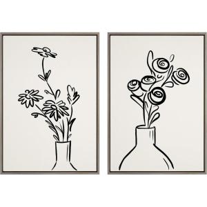 image:imageKate and Laurel Sylvie Still Life Flowers in Vases Framed Linen Textured Canvas Wall Art Set by The Creative Bunch Studio 23x33 Gray Decorative Floral Art for WallGrey