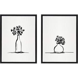 image:imageKate and Laurel Sylvie Still Life Sketched Botanical Flower Vase Art Set on Framed Linen Textured Canvas by The Creative Bunch Studio 18x24 Natural Illustrated Chic Floral Still LifeBlack