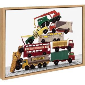 image:imageKate and Laurel Sylvie Vintage Stacked Matchbox Work Vehicles Pile Framed Canvas Wall Art by Saint and Sailor Studios 18x24 Natural Modern Colorful Car Toys Art for WallNatural