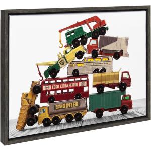 image:imageKate and Laurel Sylvie Vintage Stacked Matchbox Work Vehicles Pile Framed Canvas Wall Art by Saint and Sailor Studios 18x24 Natural Modern Colorful Car Toys Art for WallGray