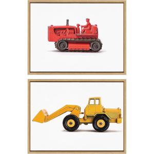 image:imageKate and Laurel Sylvie Vintage Toy Bulldozer Red and Vintage Toy Front End Loader Yellow Framed Canvas Wall Art Set by Saint and Sailor Studios 2 Piece 18x24 Natural Retro Toy Trucks Art