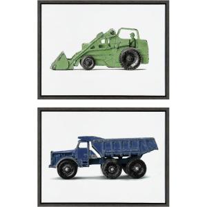 image:imageKate and Laurel Sylvie Vintage Toy Tractor Green and Vintage Toy Dump Truck Blue Framed Canvas Wall Art Set by Saint and Sailor Studios 2 Piece 18x24 Natural Retro Farm Toy ArtGray