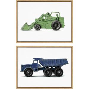 image:imageKate and Laurel Sylvie Vintage Toy Tractor Green and Vintage Toy Dump Truck Blue Framed Canvas Wall Art Set by Saint and Sailor Studios 2 Piece 18x24 Natural Retro Farm Toy ArtNatural