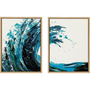 image:imageKate and Laurel Sylvie Wave 1 and 2 Framed Canvas Wall Art Set 2 Piece 18x24 Natural Colorful Blue Crashing Ocean Waves Art for Wall Decor