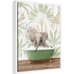 image:imageKate and Laurel Baby Elephant 3 in Wild Safari Bathtub Framed Canvas Wall Art by Amy Peterson 18 x 24 Sylvie White Whimsical Animals Bathroom Tropical Art for Wall Decor Living Room Bedroom