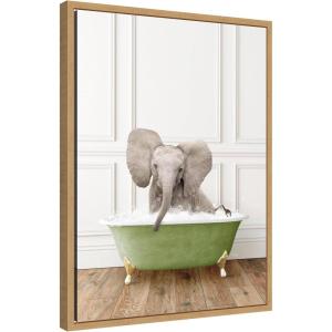 image:imageKate and Laurel Baby Elephant 4 in Transitional Bathtub Framed Canvas Wall Art by Amy Peterson 18 x 24 Sylvie Natural Whimsical Animals Bathroom Art for Wall Decor Living Room Bedroom