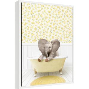 image:imageKate and Laurel Baby Elephant 6 in Cottage Yellow Bathtub Framed Canvas Wall Art by Amy Peterson 18 x 24 Sylvie White Whimsical Animals Bathroom Art for Wall Decor Living Room Bedroom