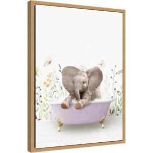 image:imageKate and Laurel Baby Elephant 6 in Spring Bathtub Framed Canvas Wall Art by Amy Peterson 18 x 24 Sylvie Natural Whimsical Animals Kids Nature Art for Wall Decor Living Room Bedroom