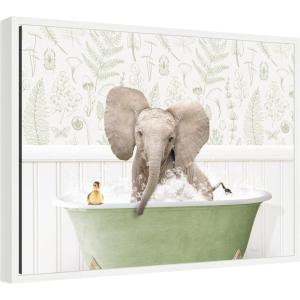 image:imageKate and Laurel Baby Elephant No3 in Fern Bath Framed Canvas Wall Art by Amy Peterson 24 x 18 Sylvie White Whimsical Animals Humor Nature Art for Wall Decor Living Room Bedroom