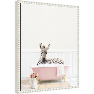 image:imageKate and Laurel Baby Zebra in Cottage Rose Bathtub Framed Canvas Wall Art by Amy Peterson 16 x 20 Sylvie Beaded White Whimsical Animals Art for Wall Decor Living Room Bedroom