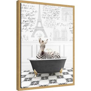image:imageKate and Laurel Baby Zebra in Paris Bathtub Framed Canvas Wall Art by Amy Peterson 18 x 24 Sylvie Bright Gold Whimsical Animals Cityscapes Bathroom Art for Wall Decor Living Room Bedroom