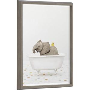 image:imageKate and Laurel Blake Baby Elephant Bath Time with Rubber Ducky Framed Printed Glass Wall Art by Amy Peterson Art Studio 18x24 Gray Cute Animal Art for Wall