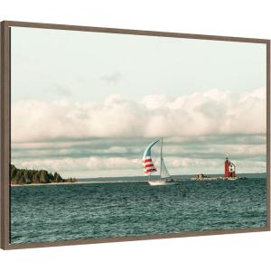 image:imageKate and Laurel Framed Canvas Wall Art Print Sail 6869 by Alicia Bock 33 x 23 Sylvie Walnut Frame Coastal Beach Art for Wall Decor