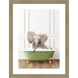 image:imageKate and Laurel Framed Wall Art Print Baby Elephant in Transitional Bathtub by Amy Peterson 20 x 26 Woodgrain Stripe Mocha Frame Whimsical Animal Art for Wall Decor26L x 20W