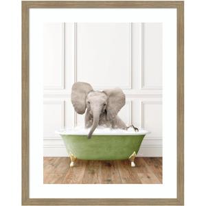 image:imageKate and Laurel Framed Wall Art Print Baby Elephant in Transitional Bathtub by Amy Peterson 20 x 26 Woodgrain Stripe Mocha Frame Whimsical Animal Art for Wall Decor34L x 27W
