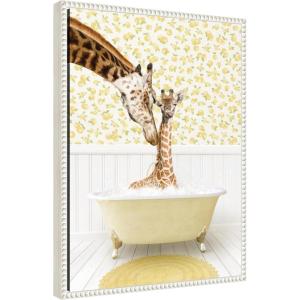 image:imageKate and Laurel Mother and Baby Giraffe in Cottage Yellow Bathtub Framed Canvas Wall Art by Amy Peterson 18 x 24 Sylvie Beaded White Whimsical Animals Bathroom Art for Wall Decor Living Room