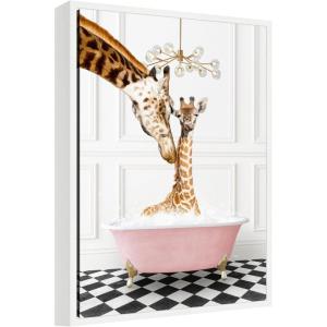 image:imageKate and Laurel Mother and Baby Giraffe in Pink Bathtub on Checker Floor Framed Canvas Wall Art by Amy Peterson 18 x 24 Sylvie White Whimsical Animals Bathroom Humor Art for Wall Decor Living