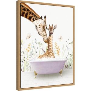 image:imageKate and Laurel Mother and Baby Giraffe in Spring Bathtub Framed Canvas Wall Art by Amy Peterson 18 x 24 Sylvie Natural Whimsical Animals Bathroom Humor Nature Art for Wall Decor Living Room