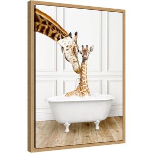image:imageKate and Laurel Mother and Baby Giraffe in Traditional Vintage Bathtub Framed Canvas Wall Art by Amy Peterson 18 x 24 Sylvie Natural Whimsical Animals Bathroom Art for Wall Decor Living Room