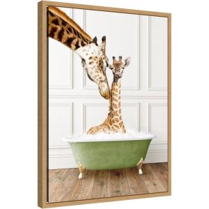 image:imageKate and Laurel Mother and Baby Giraffe in Transitional Bathtub Framed Canvas Wall Art by Amy Peterson 18 x 24 Sylvie Natural Whimsical Animals Humor Bathroom Art for Wall Decor Living Room