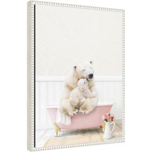 image:imageKate and Laurel Mother and Baby Polar Bear in Cottage Rose Bathtub Framed Canvas Wall Art by Amy Peterson 18 x 24 Sylvie Beaded White Whimsical Animals Bathroom Art for Wall Decor Living Room