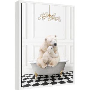 image:imageKate and Laurel Mother and Baby Polar Bear in Gray Bathtub on Checker Floor Framed Canvas Wall Art by Amy Peterson 18 x 24 Sylvie White Whimsical Animals Bathroom Art for Wall Decor Living Room