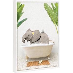 image:imageKate and Laurel Sylvie Beaded Baby Elephant Bali Bath Vintage Framed Canvas Wall Art by Amy Peterson 18x24 White Modern Fun Elephant Bathtub Wall Art for Home Dcor