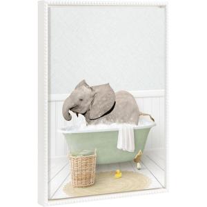 image:imageKate and Laurel Sylvie Beaded Baby Elephant Side in Cottage Bath Vintage Framed Canvas Wall Art by Amy Peterson 18x24 White Modern Fun Elephant Bathtub Wall Art for Home Dcor