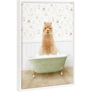 image:imageKate and Laurel Sylvie Beaded Baby Golden Alpaca in Country Cottage Bath Vintage Framed Canvas Wall Art by Amy Peterson 18x24 White Modern Fun Alpaca Bathtub Wall Art for Home Dcor
