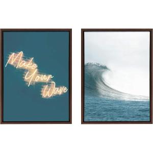 image:imageKate and Laurel Sylvie Make Your Wave Neon Sign and Ocean Sea Wave Framed Canvas Wall Art Set by The Creative Bunch Studio 2 Piece 18x24 Walnut Brown Chic Coastal Art Set for Wall