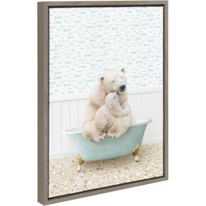 image:imageKate and Laurel Sylvie Mother and Baby Polar Bear in Little Fish Bath Framed Canvas Wall Art by Amy Peterson Art Studio 18x24 Gray Cute Animal Bathtub Art for Wall