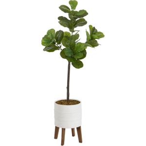 image:imageKate and Laurel Fidmont Faux Fiddle Fig Tree with Gavri Metal Planter Pot 65 FT White and Rustic Brown Potted Artificial Tree Indoor with Realistic Foliage and Added Moss Living Room Fake PlantWhiteRustic Brown