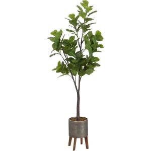 image:imageKate and Laurel Fidmont Faux Fiddle Fig Tree with Gavri Metal Planter Pot 65 FT White and Rustic Brown Potted Artificial Tree Indoor with Realistic Foliage and Added Moss Living Room Fake PlantPewterRustic Brown