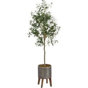 image:imageKate and Laurel Oliveira Faux Olive Tree with Gavri Metal Planter Pot 55 FT White and Rustic Brown Potted Artificial Olive Plant Tree with Realistic Foliage and Moss Fake Plant Living Room DecorPewterRustic Brown