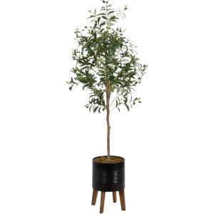 image:imageKate and Laurel Oliveira Faux Olive Tree with Gavri Metal Planter Pot 55 FT White and Rustic Brown Potted Artificial Olive Plant Tree with Realistic Foliage and Moss Fake Plant Living Room DecorBlackRustic Brown