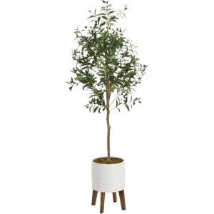 image:imageKate and Laurel Oliveira Faux Olive Tree with Gavri Metal Planter Pot 55 FT White and Rustic Brown Potted Artificial Olive Plant Tree with Realistic Foliage and Moss Fake Plant Living Room DecorWhiteRustic Brown