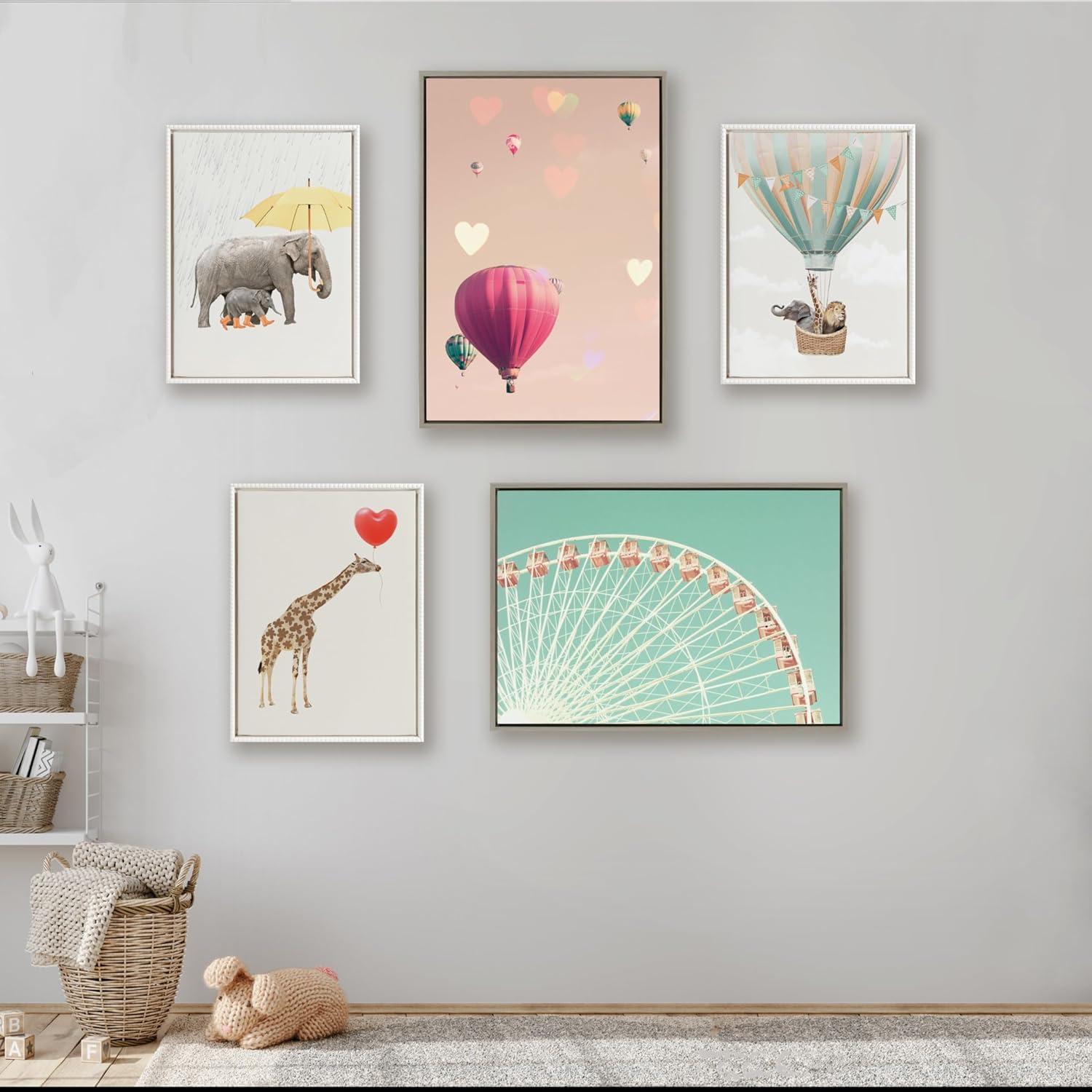image:imageKate and Laurel Sylvie Beaded Hot Air Balloon Travel Vintage Framed Canvas Wall Art by July Art Prints 18x24 White Zoo Animal Wall Art Decor