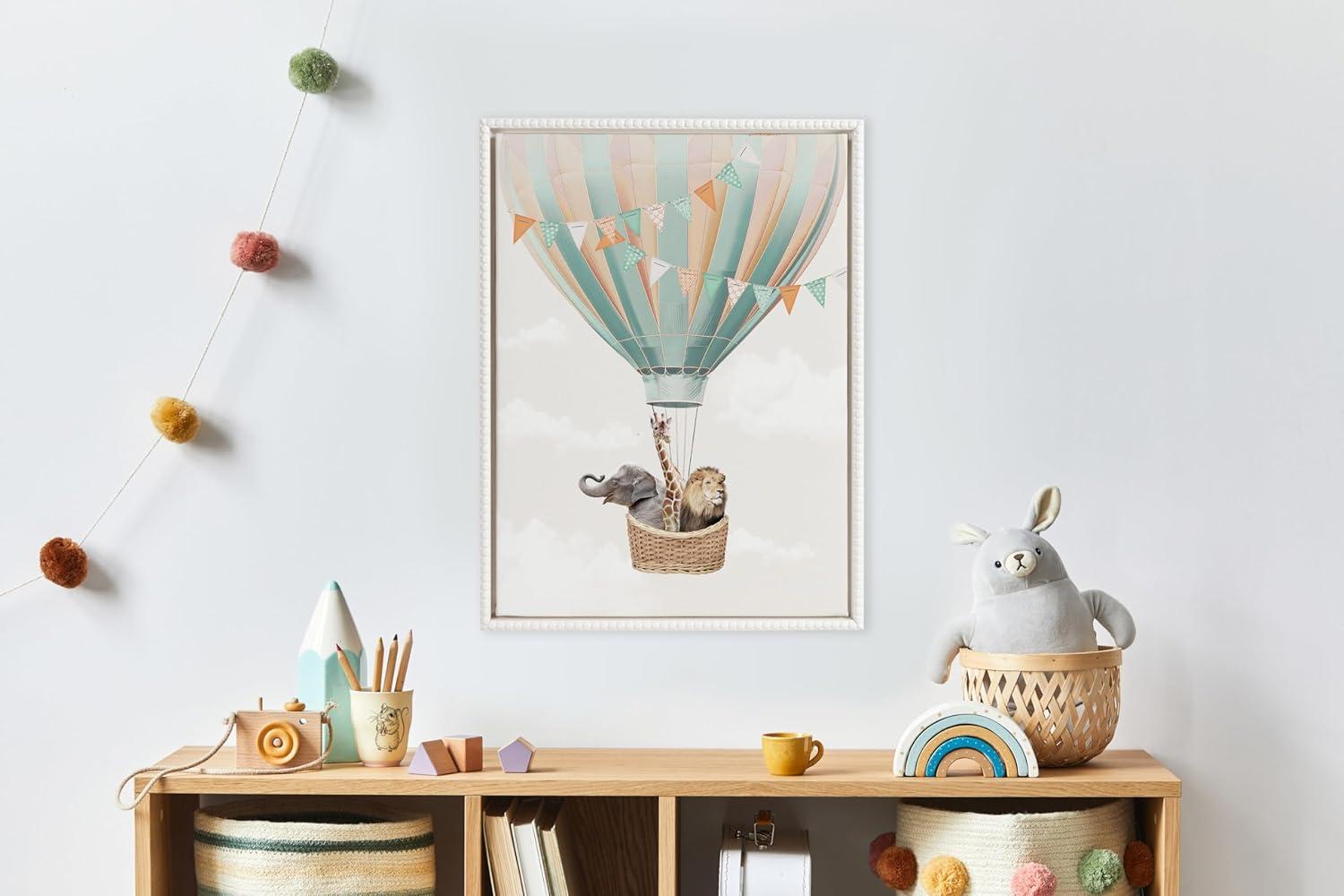 image:imageKate and Laurel Sylvie Beaded Hot Air Balloon Travel Vintage Framed Canvas Wall Art by July Art Prints 18x24 White Zoo Animal Wall Art Decor
