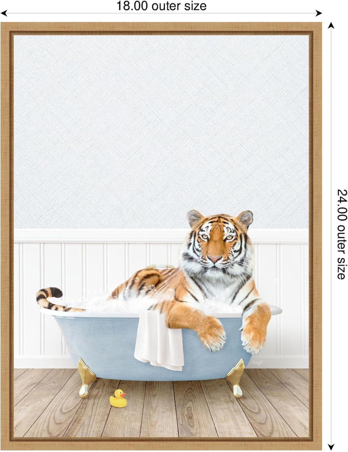 image:imageKate and Laurel Tiger in Cottage Blue Bathtub Framed Canvas Wall Art by Amy Peterson 18 x 24 Sylvie Natural Whimsical Animals Art for Wall Decor Living Room Bedroom