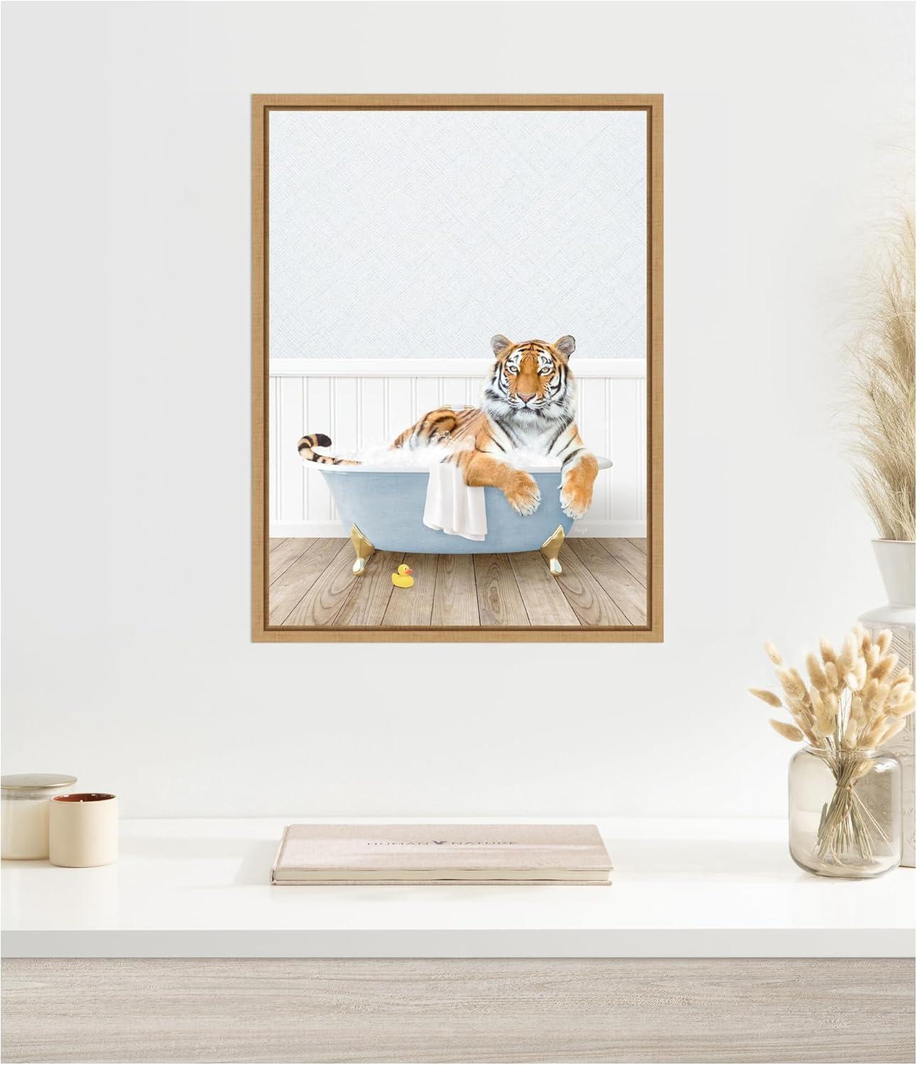 image:imageKate and Laurel Tiger in Cottage Blue Bathtub Framed Canvas Wall Art by Amy Peterson 18 x 24 Sylvie Natural Whimsical Animals Art for Wall Decor Living Room Bedroom