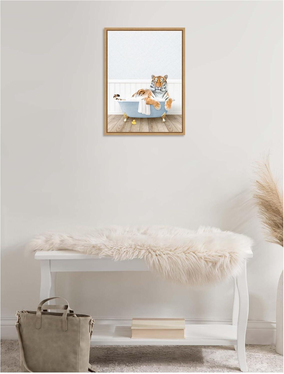 image:imageKate and Laurel Tiger in Cottage Blue Bathtub Framed Canvas Wall Art by Amy Peterson 18 x 24 Sylvie Natural Whimsical Animals Art for Wall Decor Living Room Bedroom